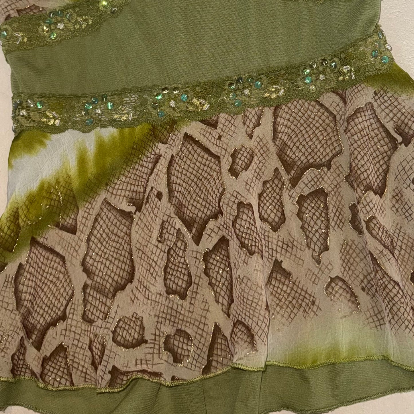 Green mixed-print embroidered sheer cami