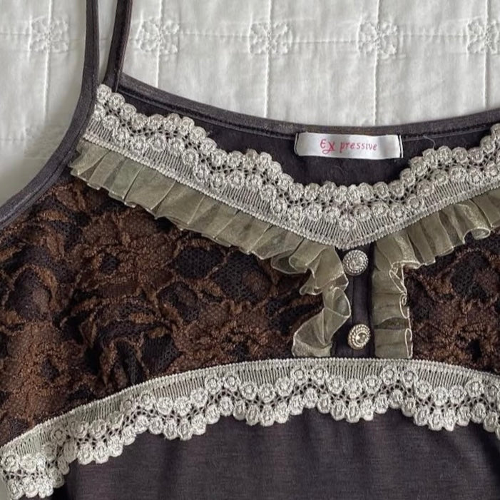 Brown lace trim tank