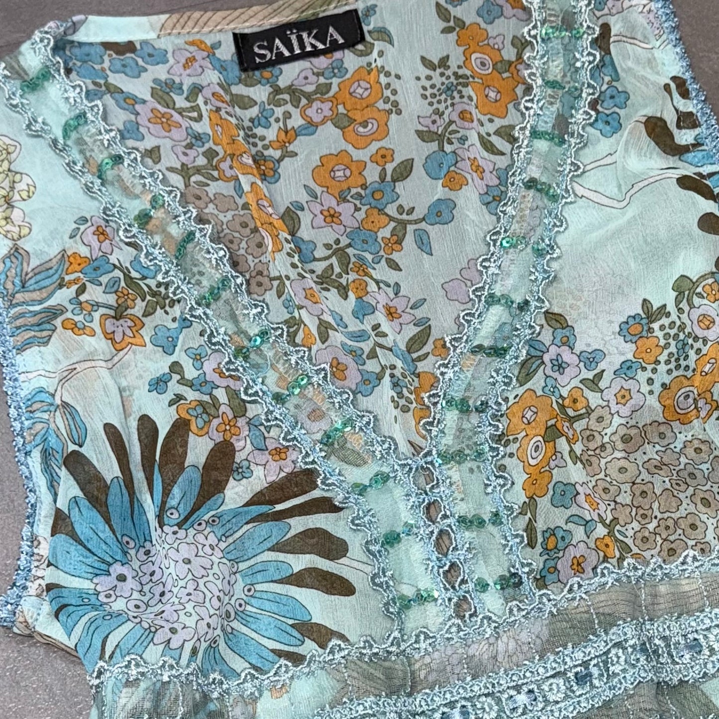 Blue floral mesh embroidered top