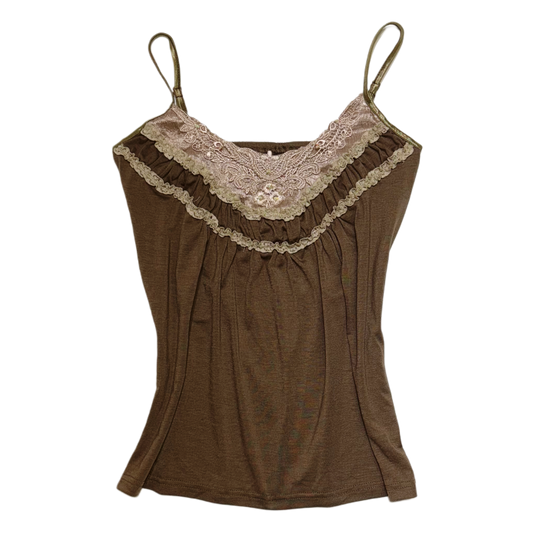 Cottagecore brown lace embroidered tank