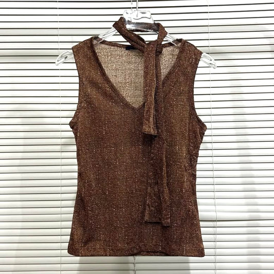 Brown v-neck top with scarf