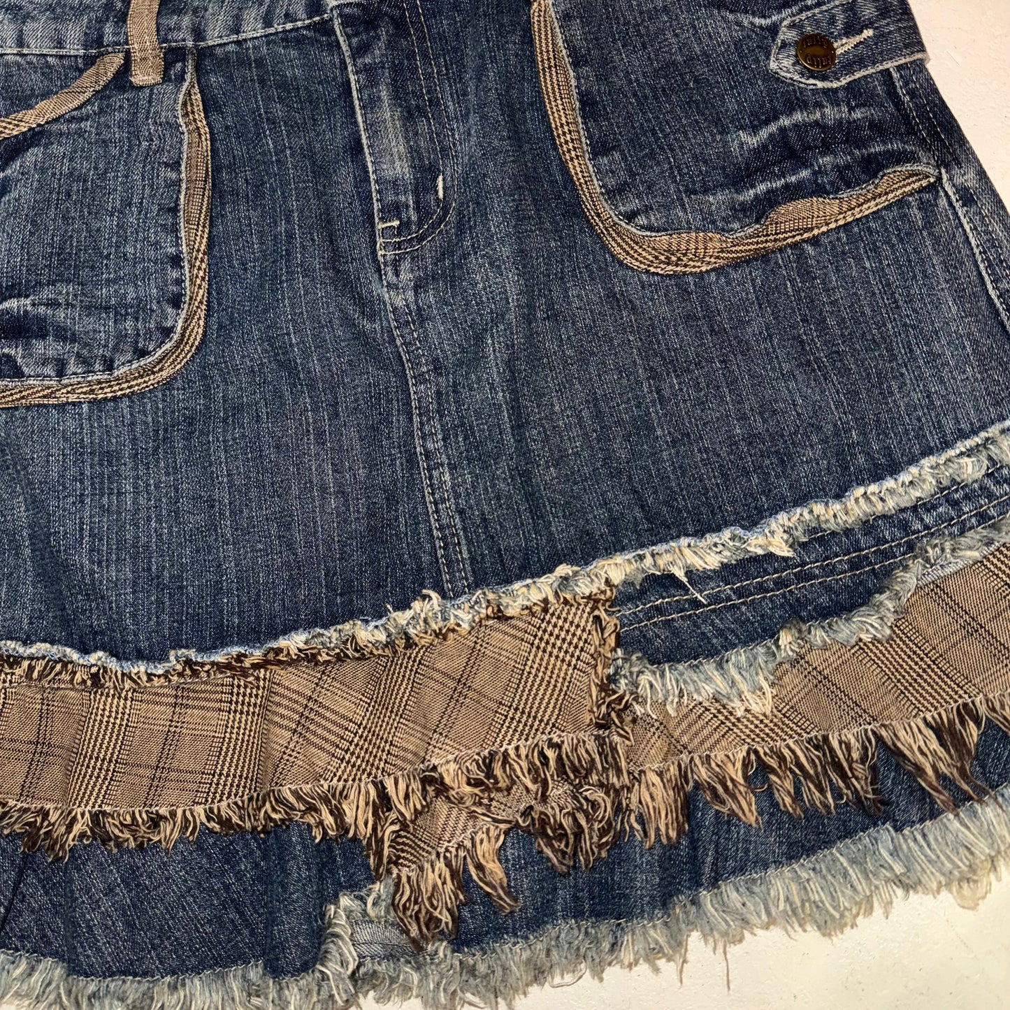 Denim brown checkered frayed edges skirt