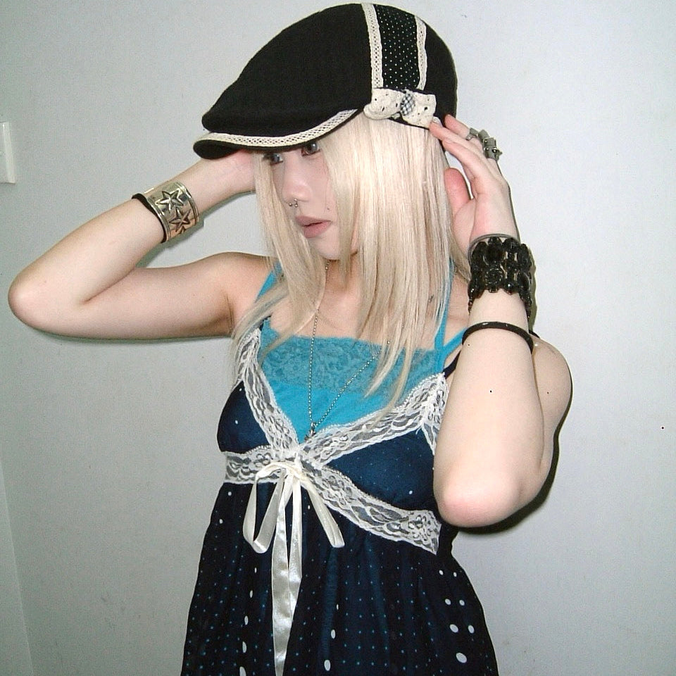 Navy polka dot lace trim flat cap