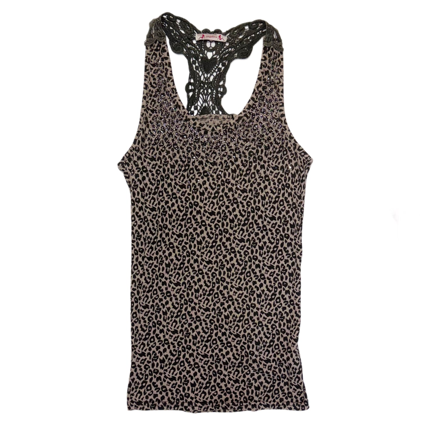 Leopard print rhinestone lace top