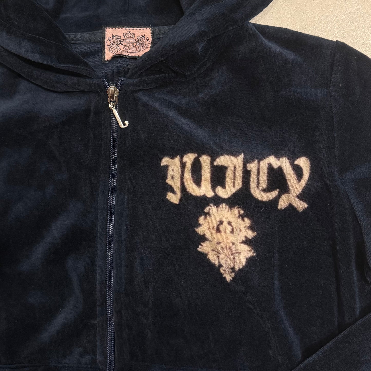 Juicy Couture Navy velvet zip up hoodie with “Beautiful Juicy” graphic