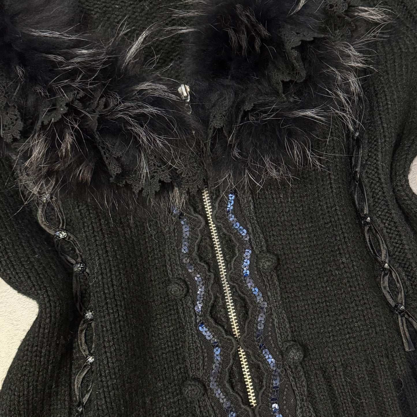 Black furry lace collar knit embroidered jacket