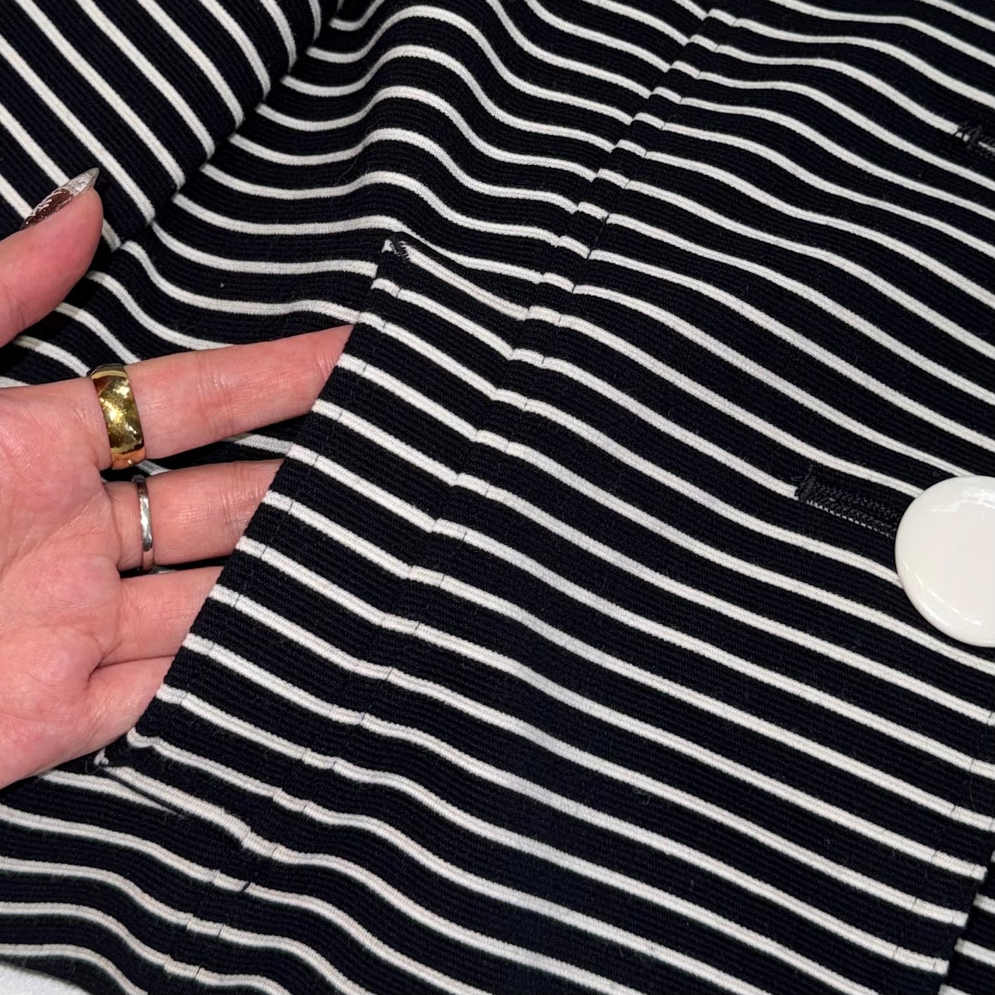 Navy stripe outer with big button details