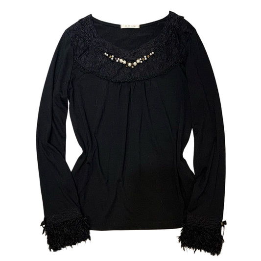 Axes black lace embroidered top with furry long sleeve