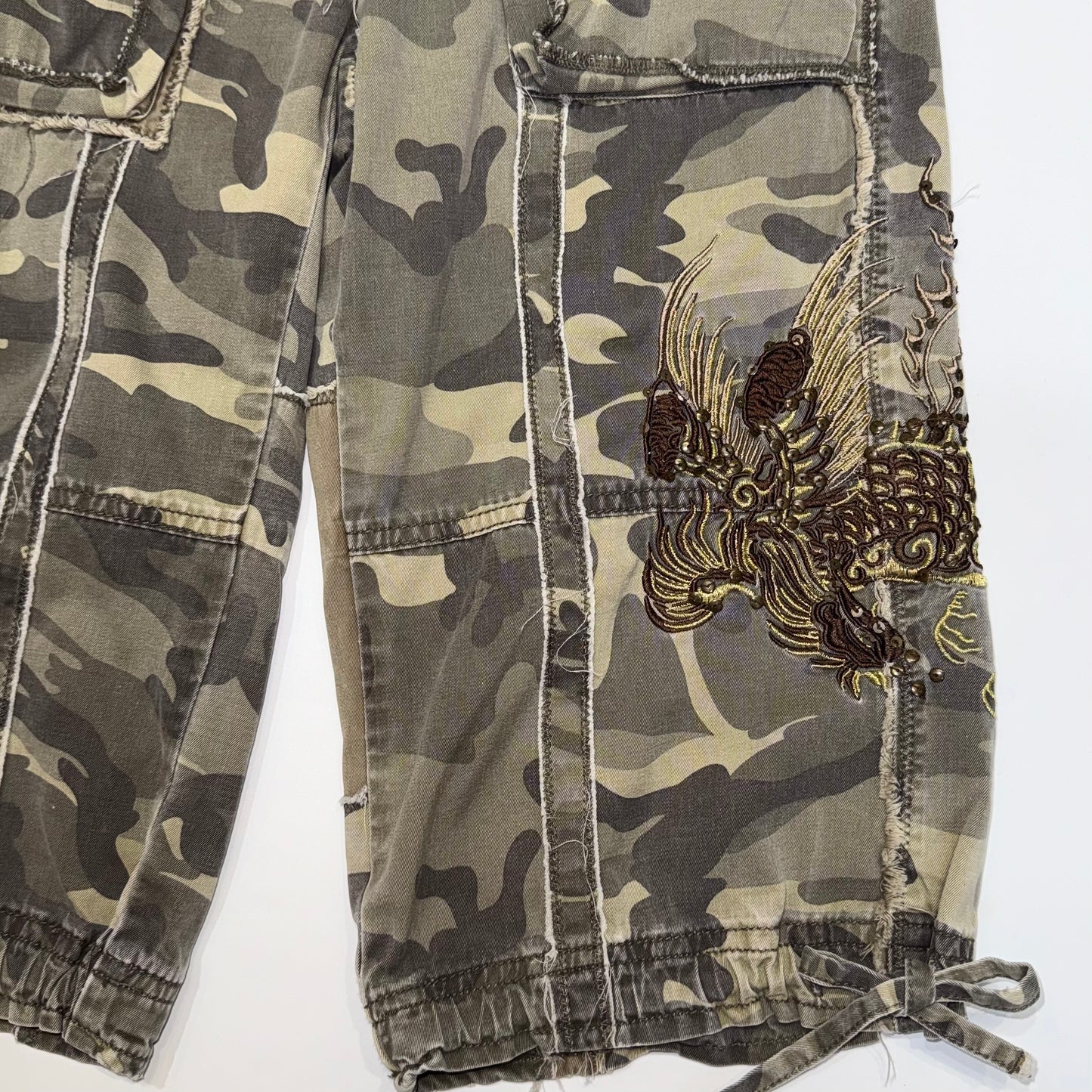 Good Time embroidered dragon camo jorts