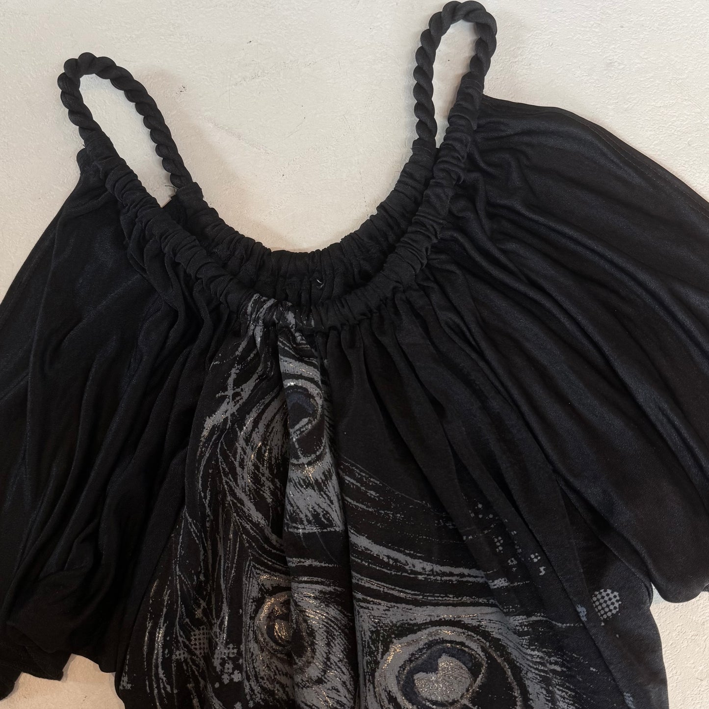 The “Aurora” draped peacock print top