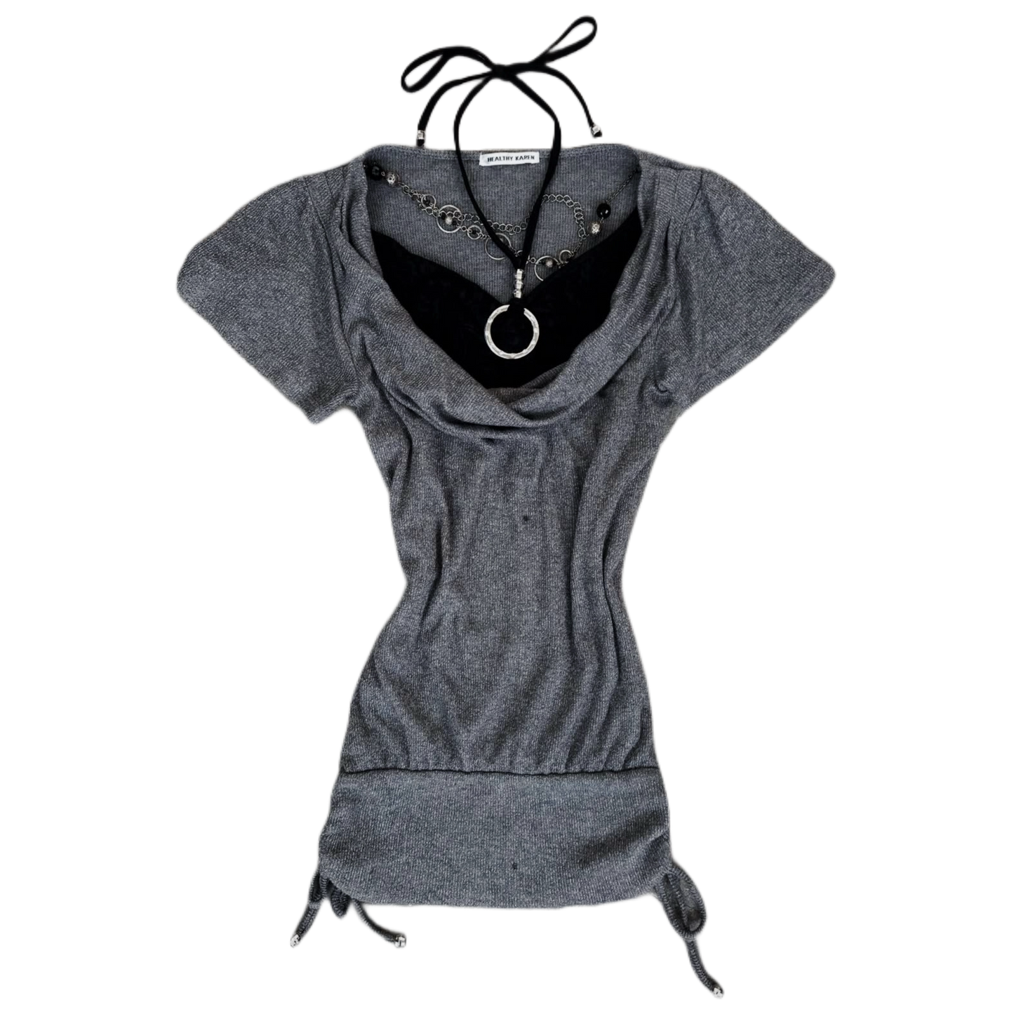 Grey black layered long top with beads necklace details