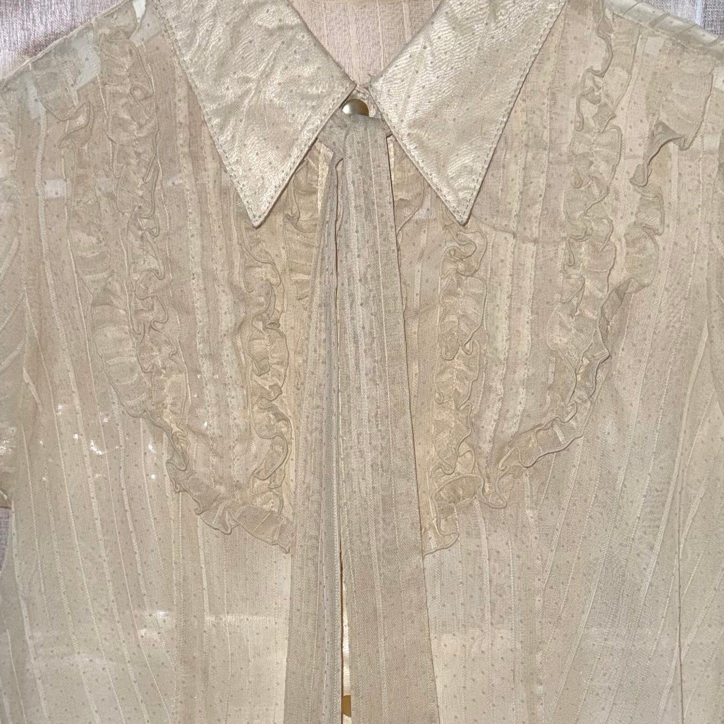 Ivory ruffle mesh shirt with scarf