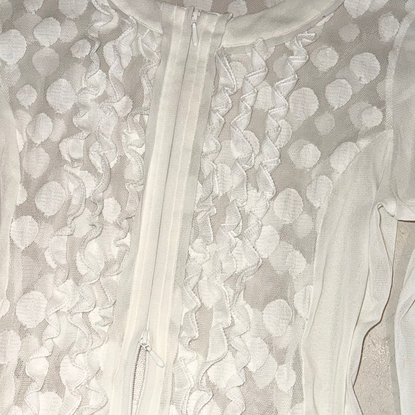 Ivory polka dot ruffle double zip mesh shirt