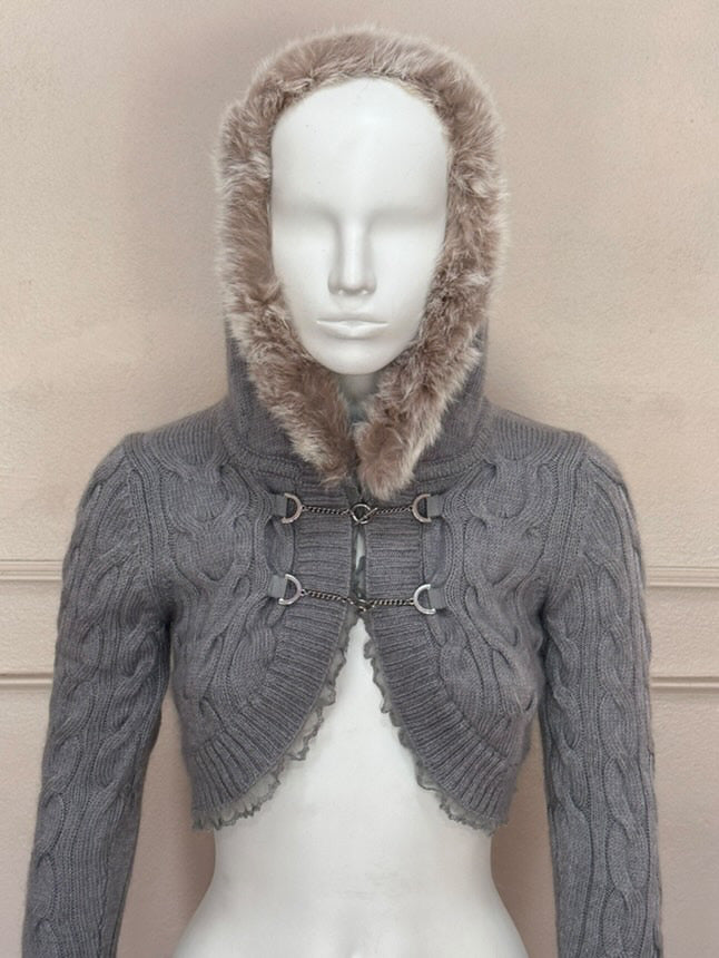 Grey furry knitted cropped outer with lace trim(removable fur collar)