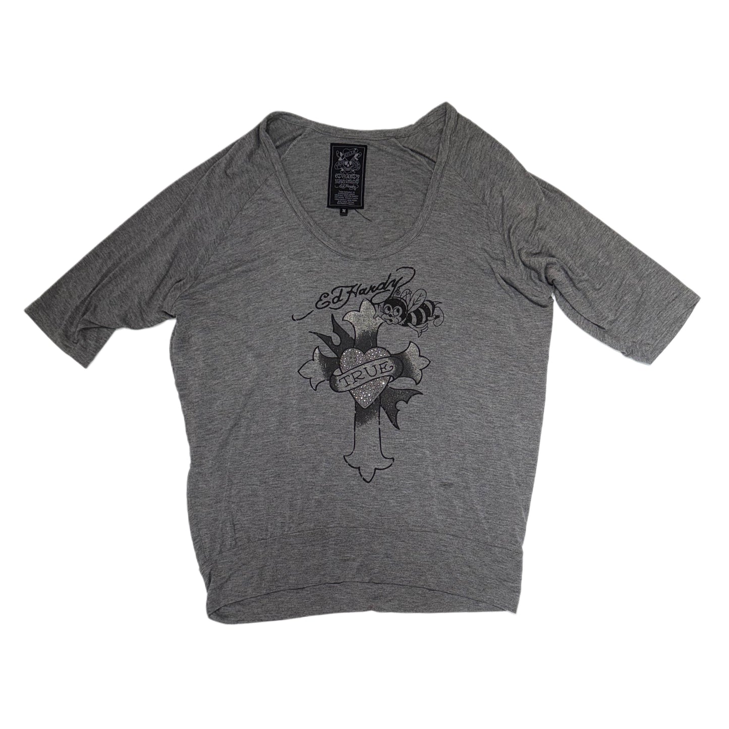 Ed Hardy “cross and bee” grey oversized top