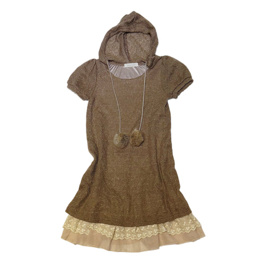 Brown hooded dress with lace trim