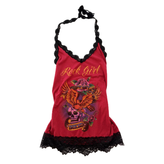 “Rock girl” Lacey dark red halter