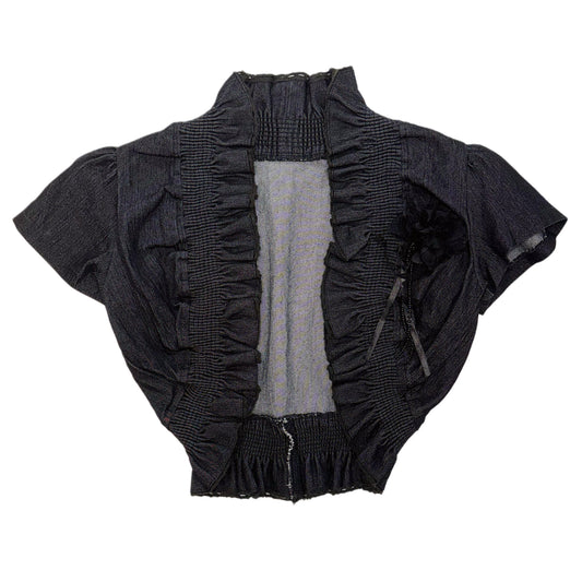 Black denim lace trim cropped outer with flower pin