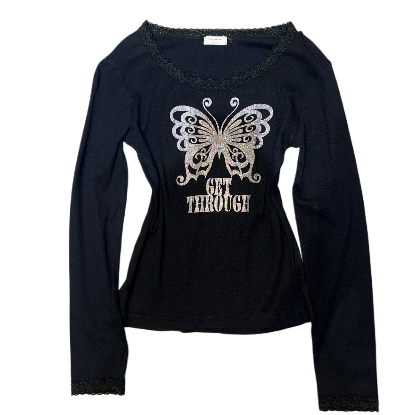 Butterfly “get through” black lace trim long sleeve