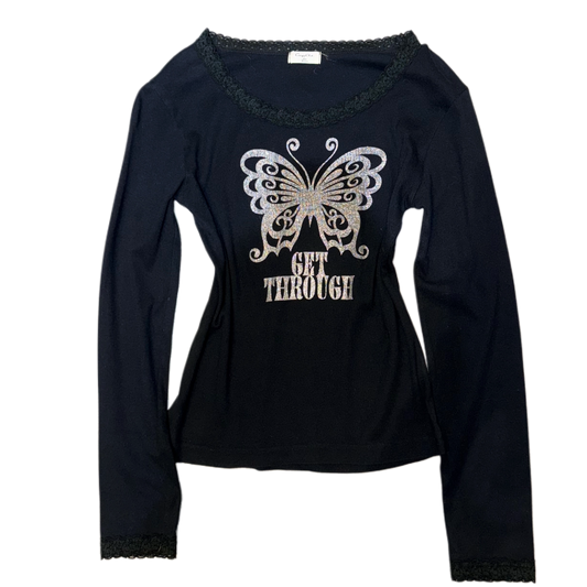 Butterfly “get through” black lace trim long sleeve