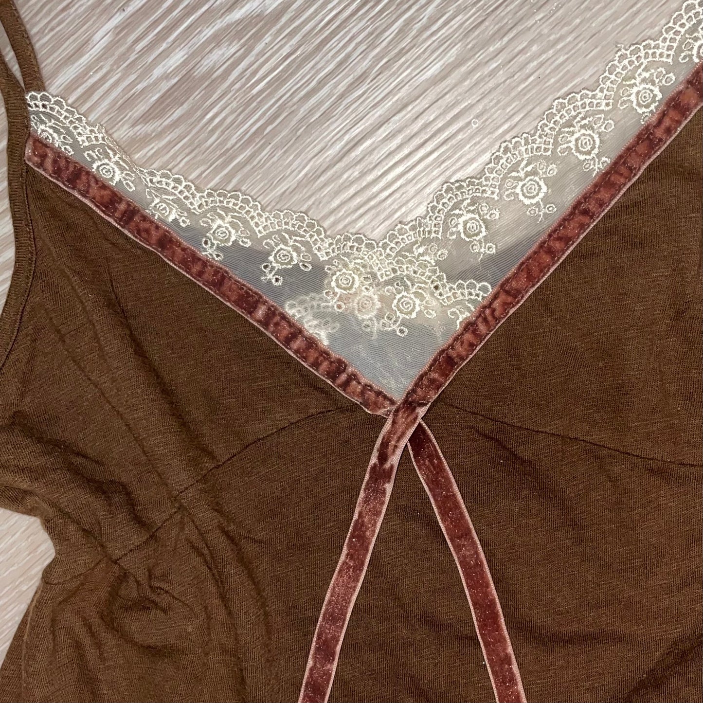 Brown tank with white lace