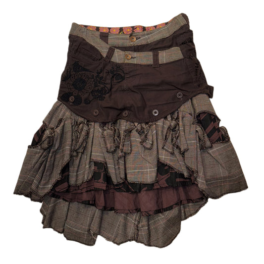 Desigual brown checker layered uneven hem skirt with embroidery details