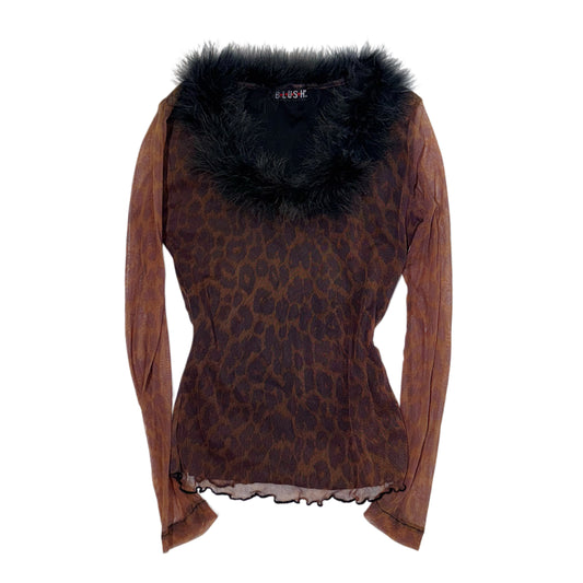 Leopard print mesh long sleeve with furry collar