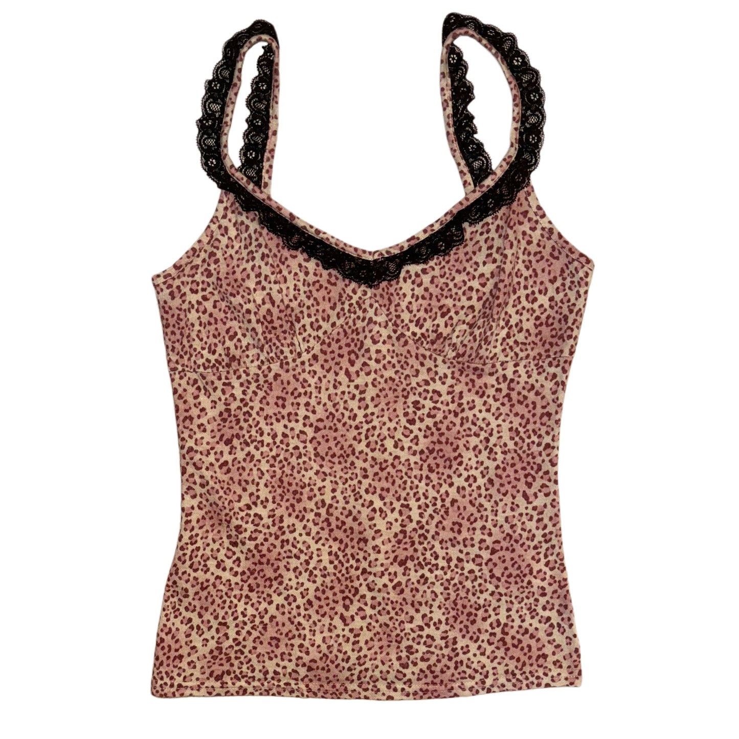 Pink leopard print black lace trim tank