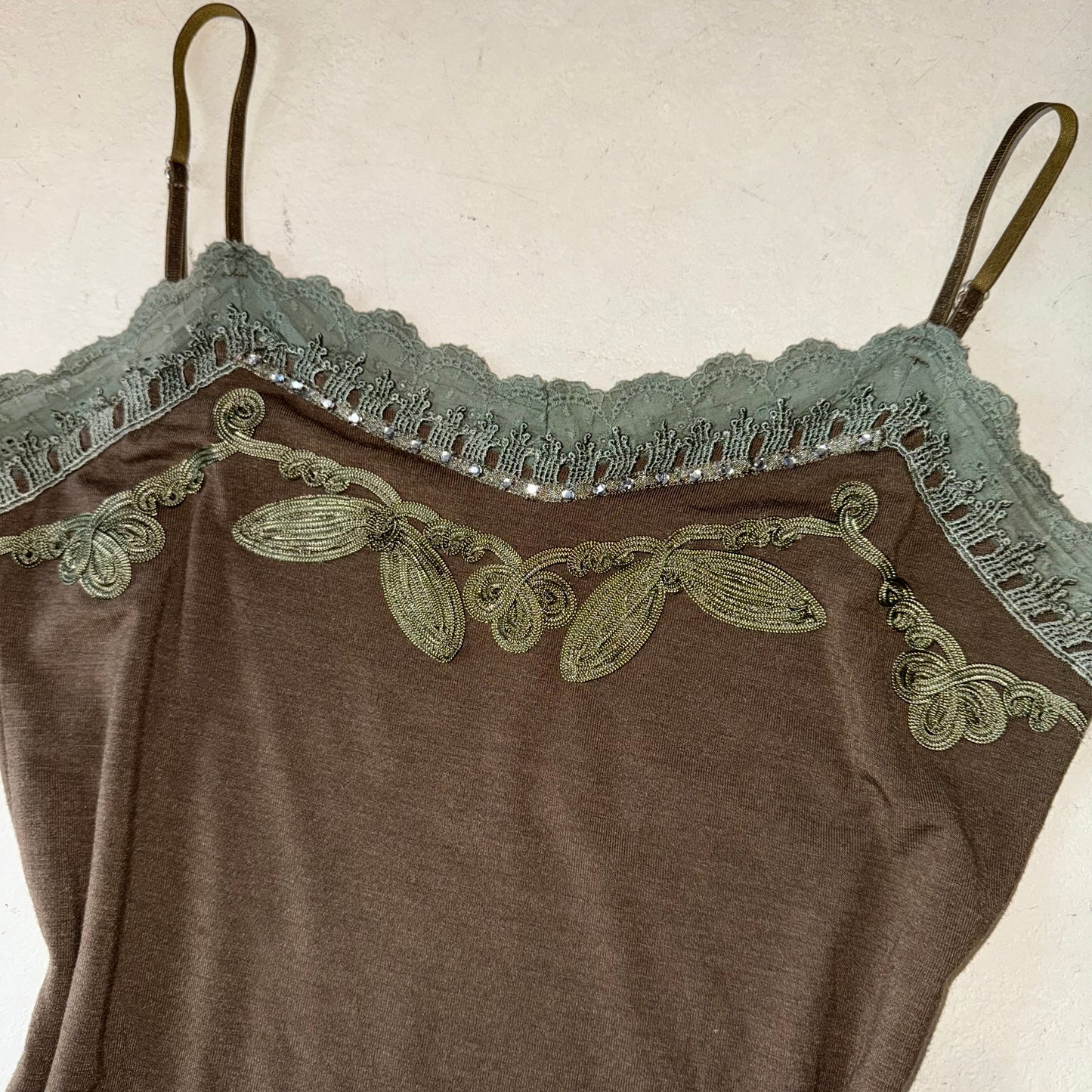 Brown green lace embroidered tank