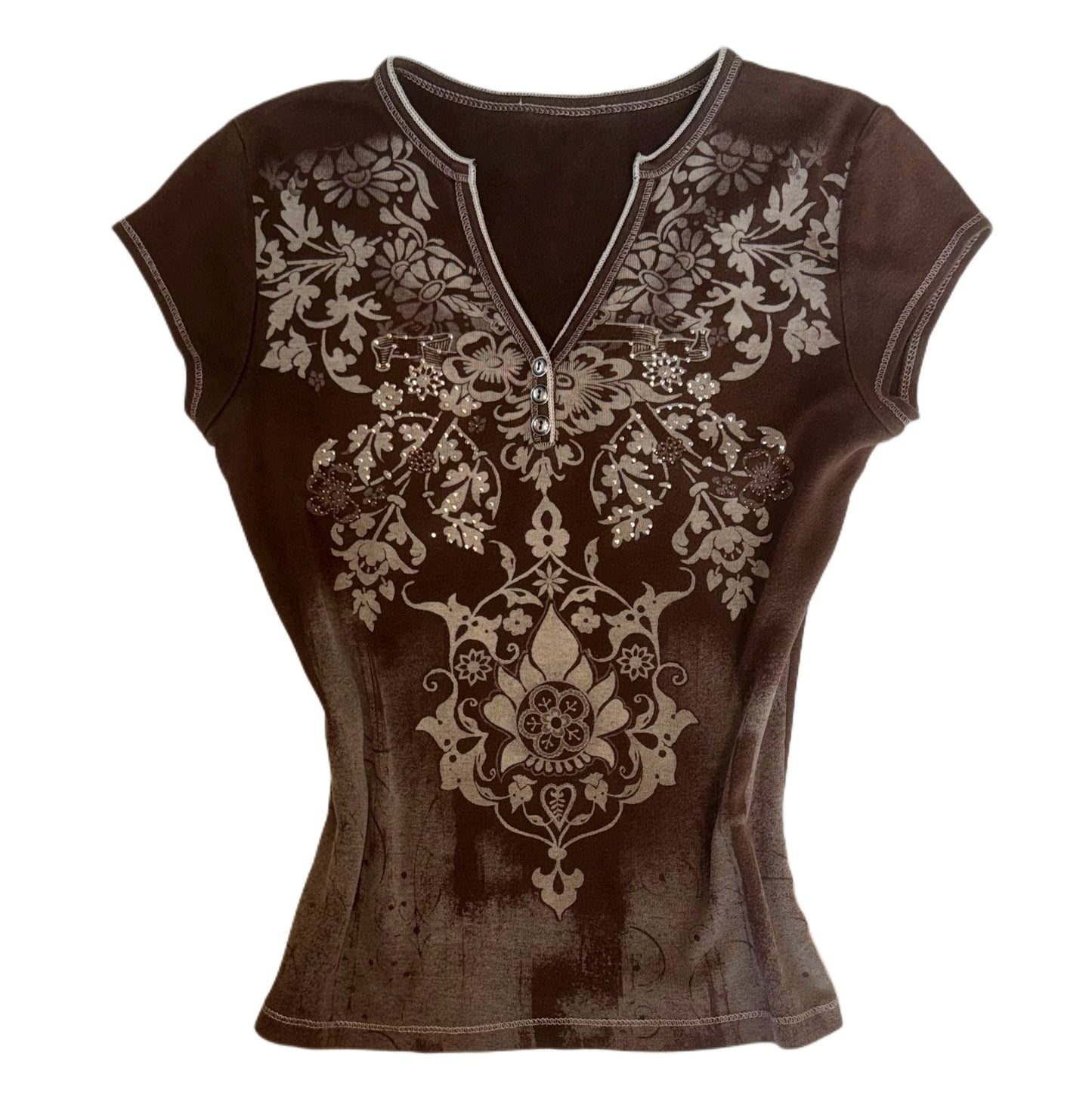 Brown graphic rhinestone top