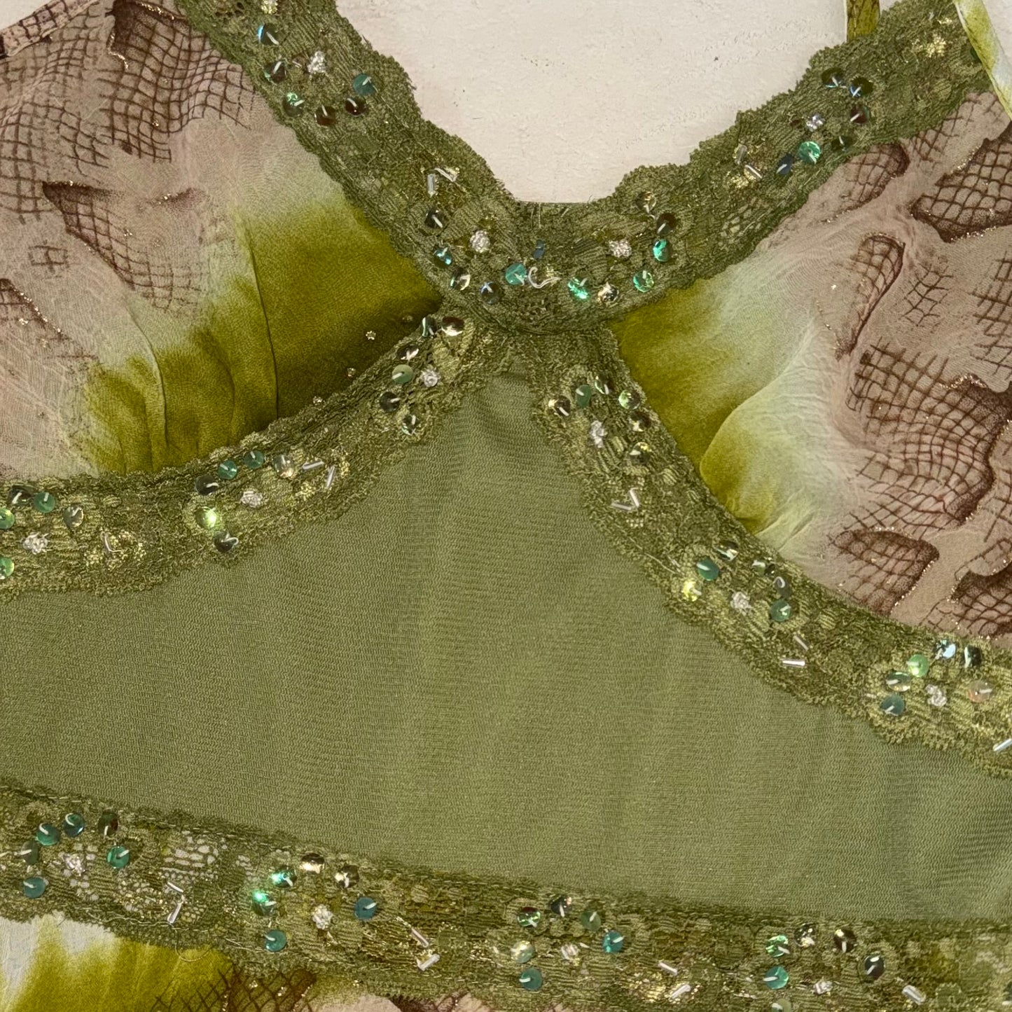 Green mixed-print embroidered sheer cami