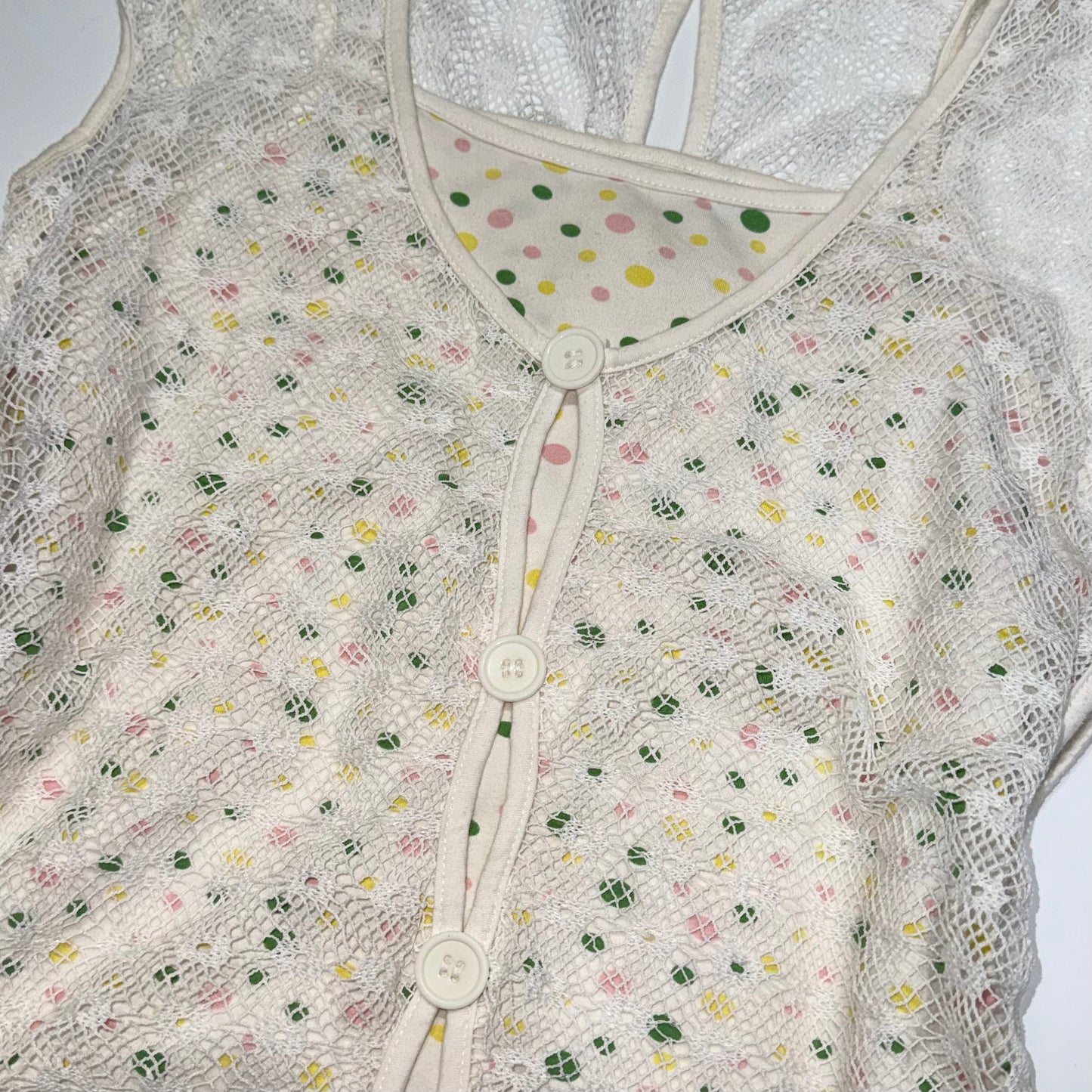 Polka dot mesh layered button top