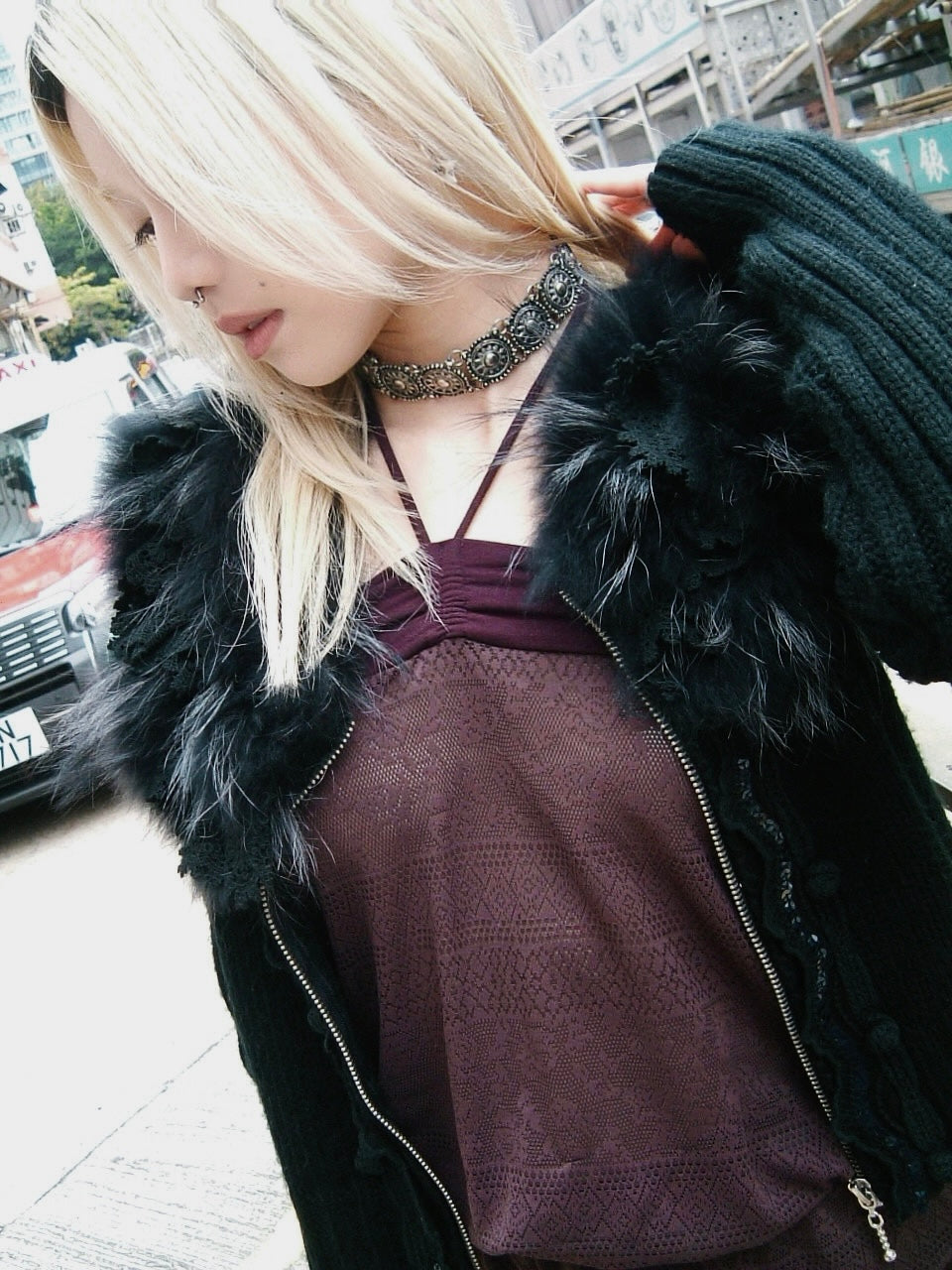 Black furry lace collar knit embroidered jacket