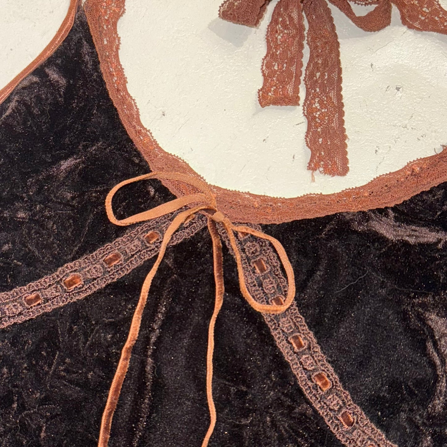 Brown velvet orange lace trim tank