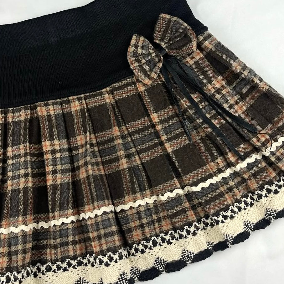 Brown checkered lace trim midi skirt