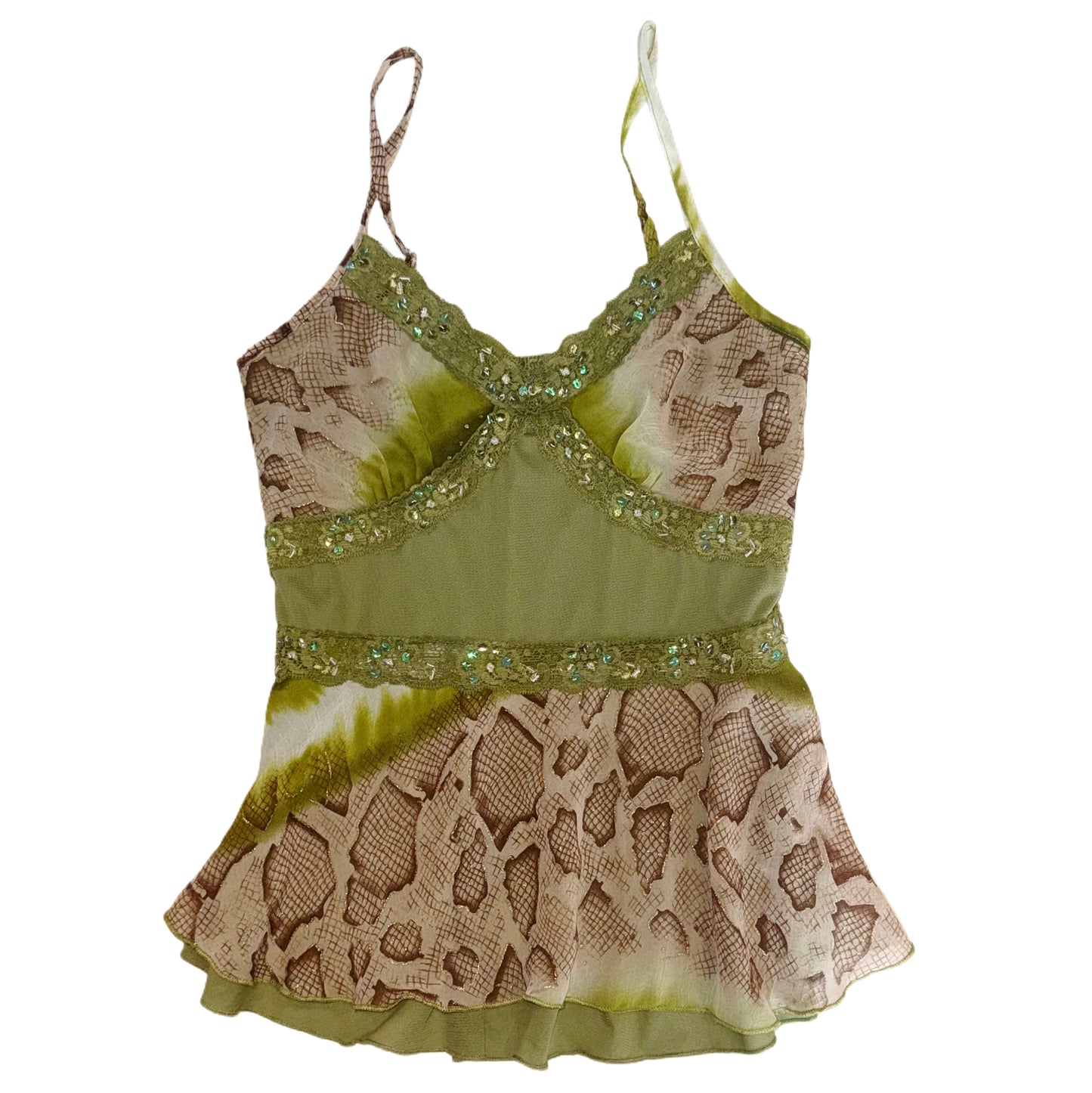 Green mixed-print embroidered sheer cami