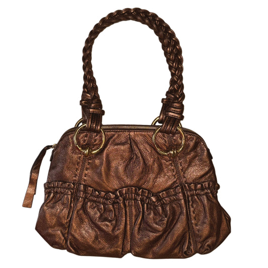 Brown leather shoulder bag with gold hardware