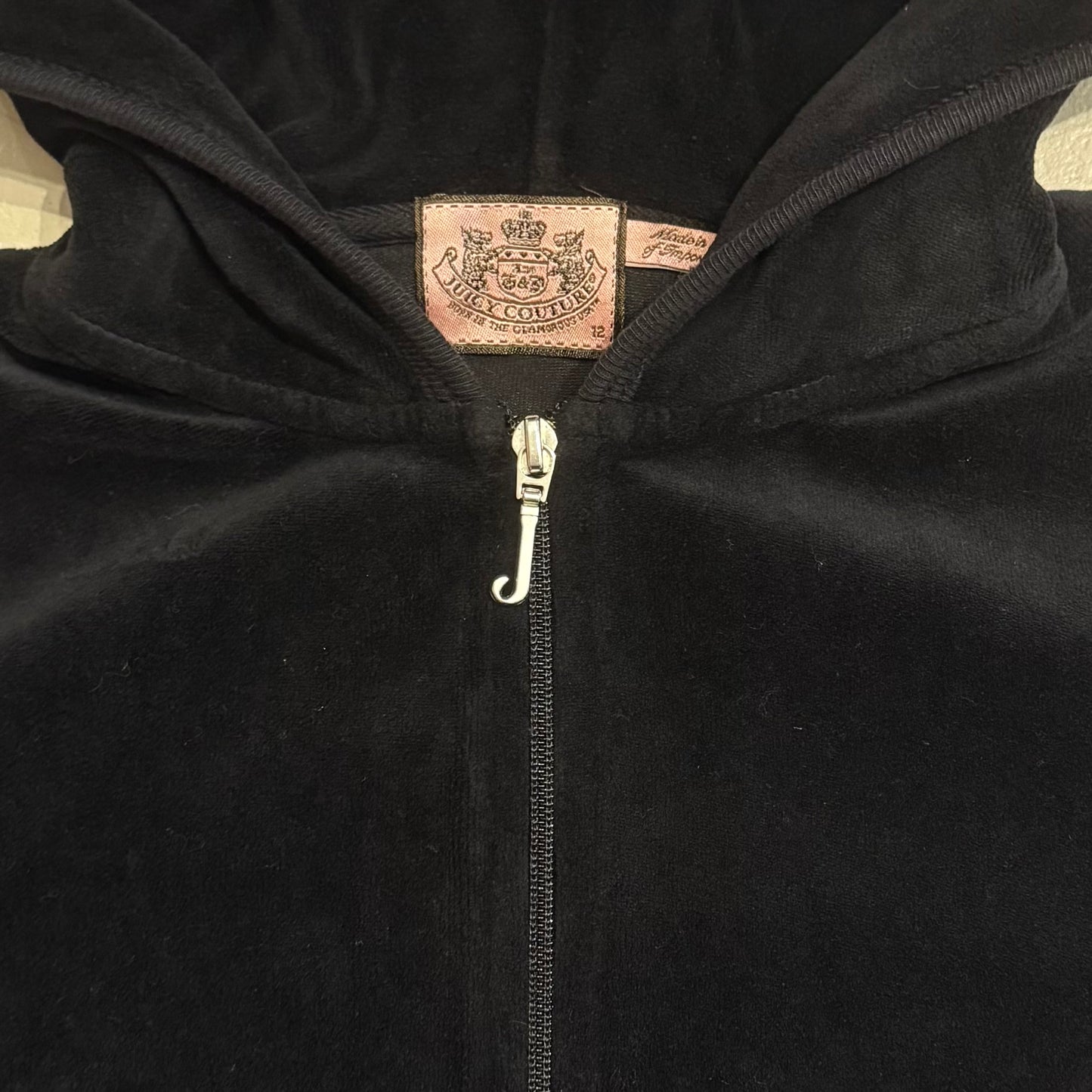 Juicy Couture black velvet zip up hoodie with “pink Juicy dog” graphic