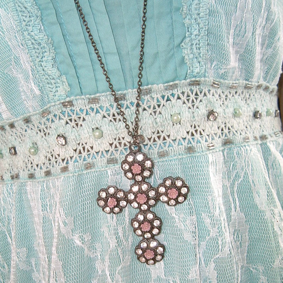 Pink rose cross long necklace