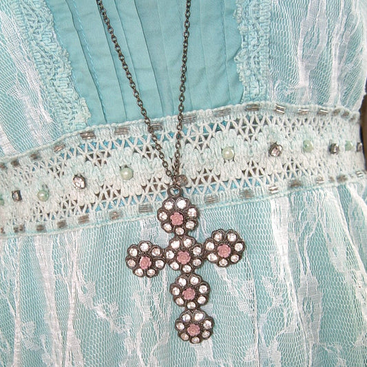 Pink rose cross long necklace