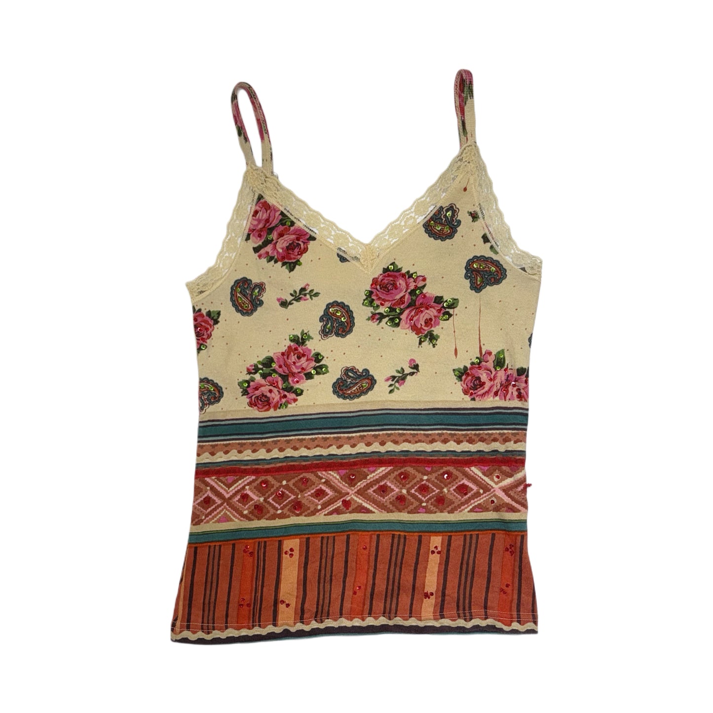 Rose print geometric pattern embroidered cami