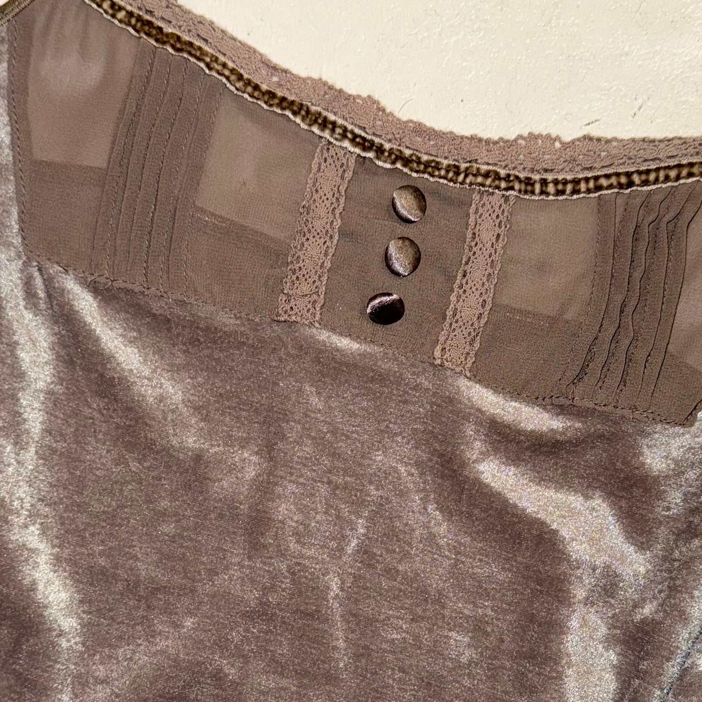 Brown velvet lace trim tank with button detail