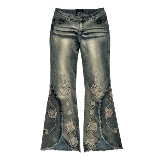 Washed denim embroidered flares