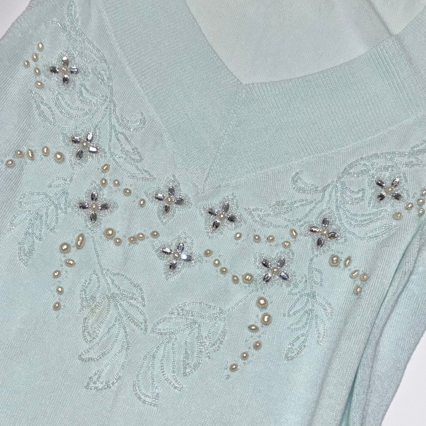 Baby blue sequin and bead knit top