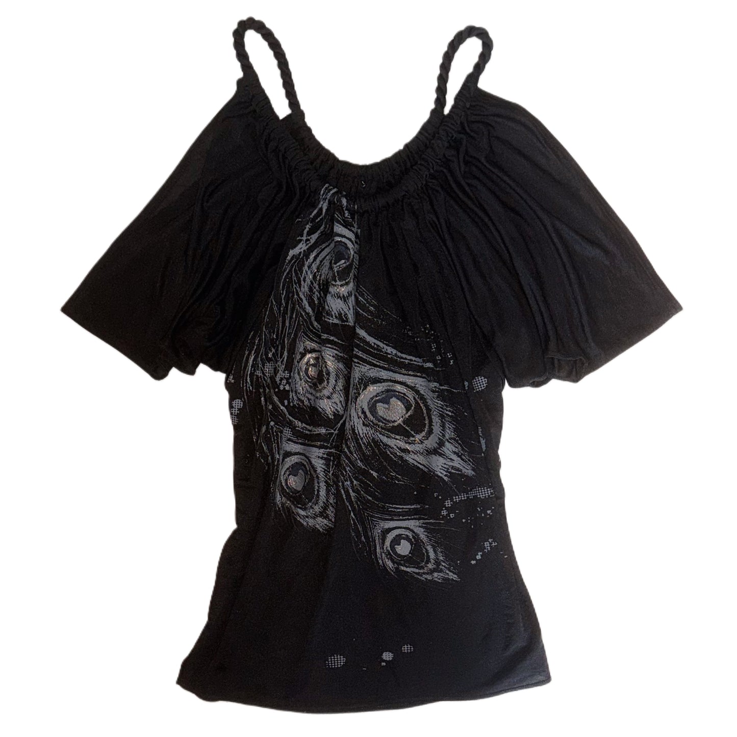 The “Aurora” draped peacock print top