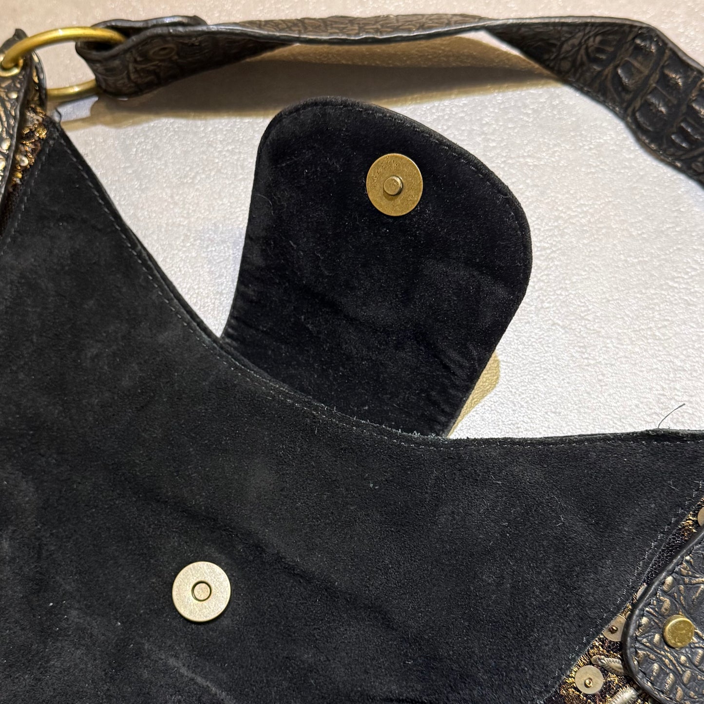 Black suede embroidered bag