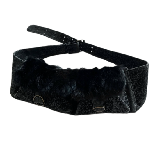 Black leather double pockets furry fanny pack