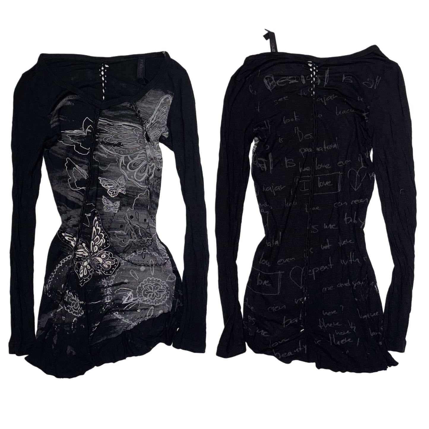 Desigual butterfly distressed long sleeve with asymmetrical hem