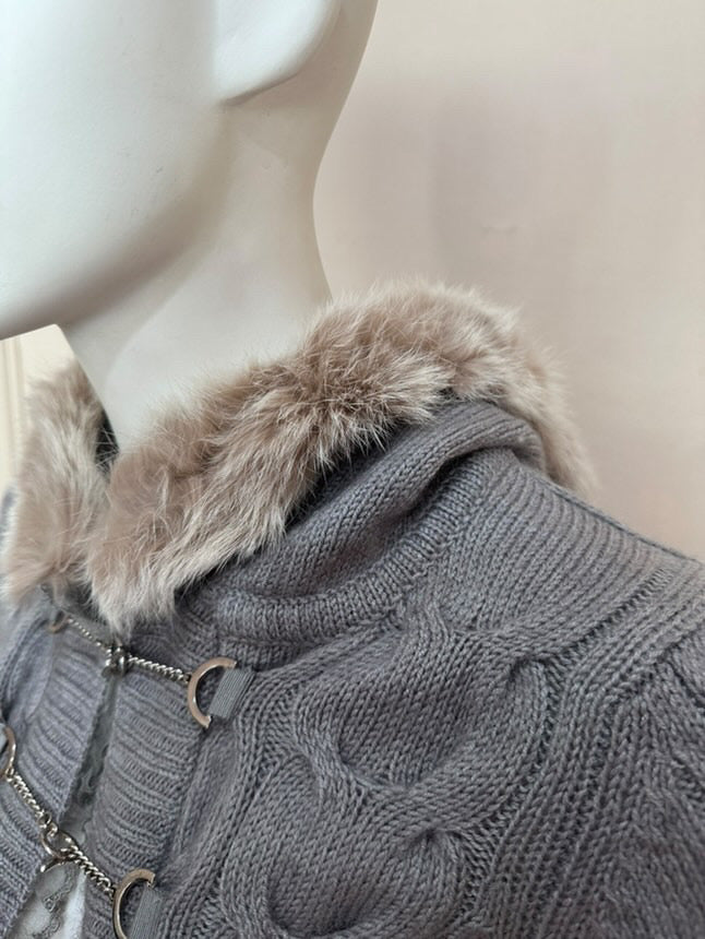 Grey furry knitted cropped outer with lace trim(removable fur collar)