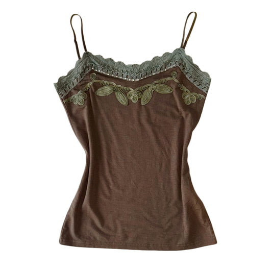 Brown green lace embroidered tank